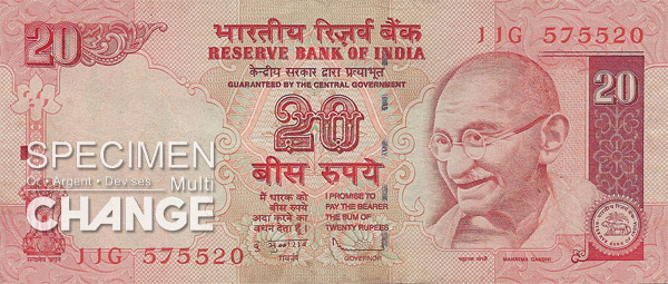 20 roupies indiennes (INR) 20 roupies indiennes (INR)