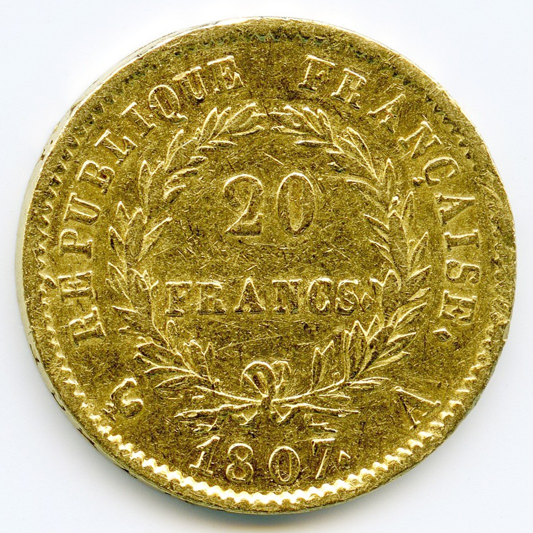 Napoléon Ier - 20 Francs - 1807 A revers Napoléon Ier - 20 Francs - 1807 A revers