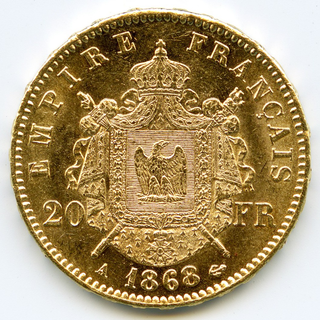 Napoléon III - 20 Francs - 1868 A revers Napoléon III - 20 Francs - 1868 A revers