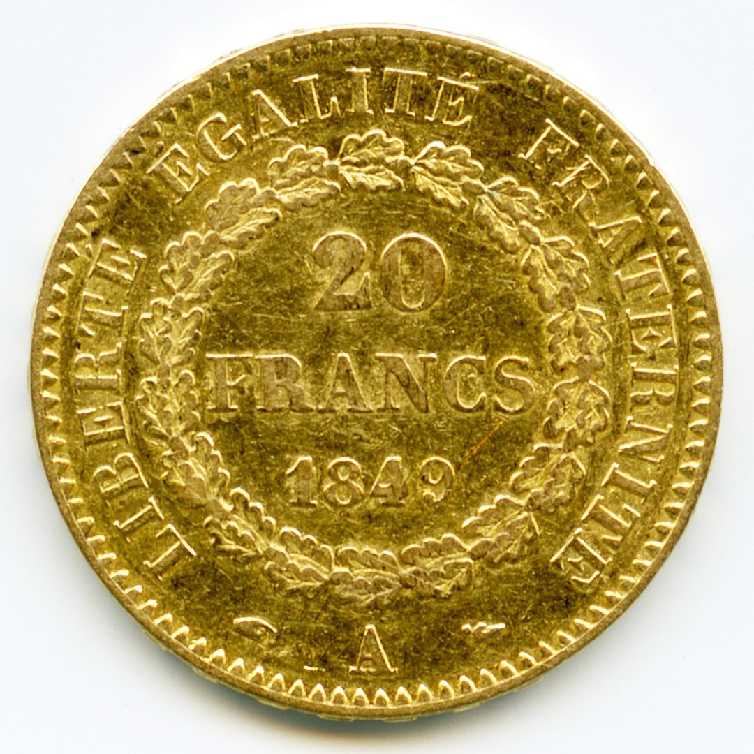 20 Francs - Génie - 1849 A revers