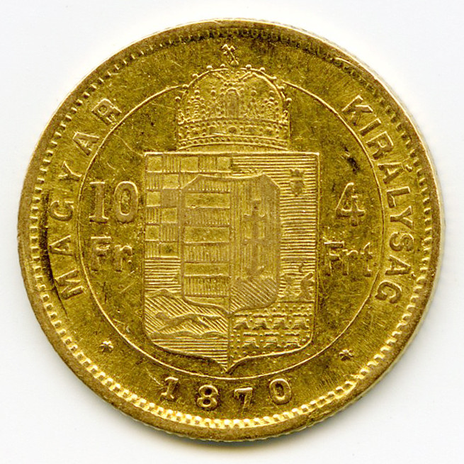 Hongrie - 10 Frs - 4 Forint - 1870 revers Hongrie - 10 Frs - 4 Forint - 1870 revers