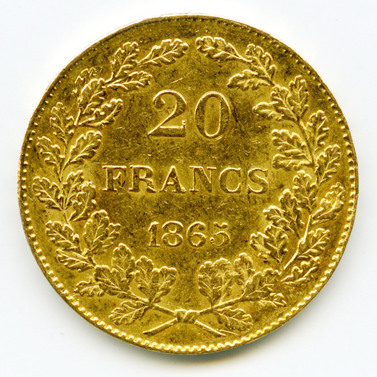 Belgique - 20 Francs - 1865 revers Belgique - 20 Francs - 1865 revers