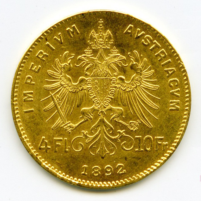 Autriche - 4 Fl - 10 Francs - 1892 revers Autriche - 4 Fl - 10 Francs - 1892 revers