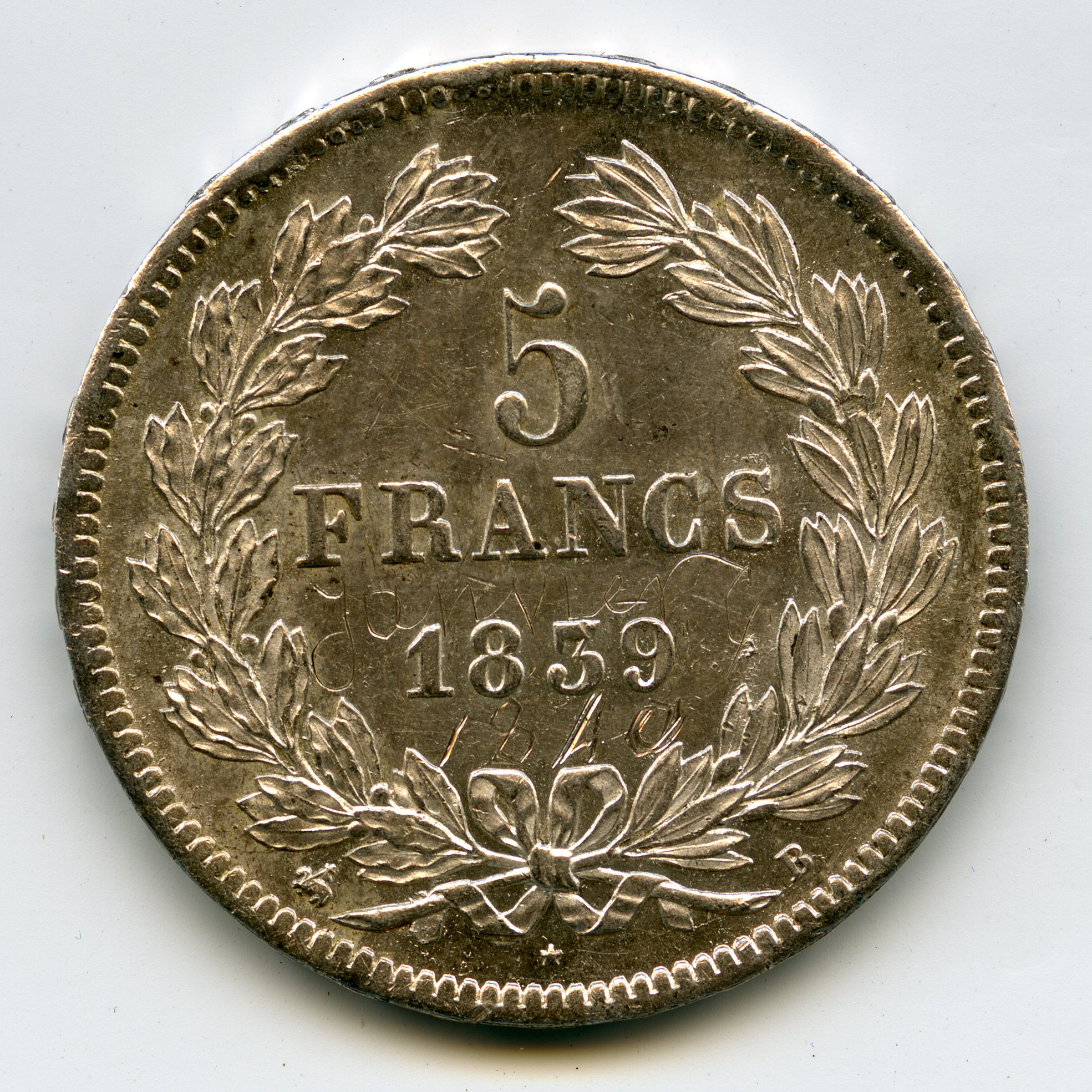 Louis Philippe Ier - 5 Francs - 1839 B revers Louis Philippe Ier - 5 Francs - 1839 B revers