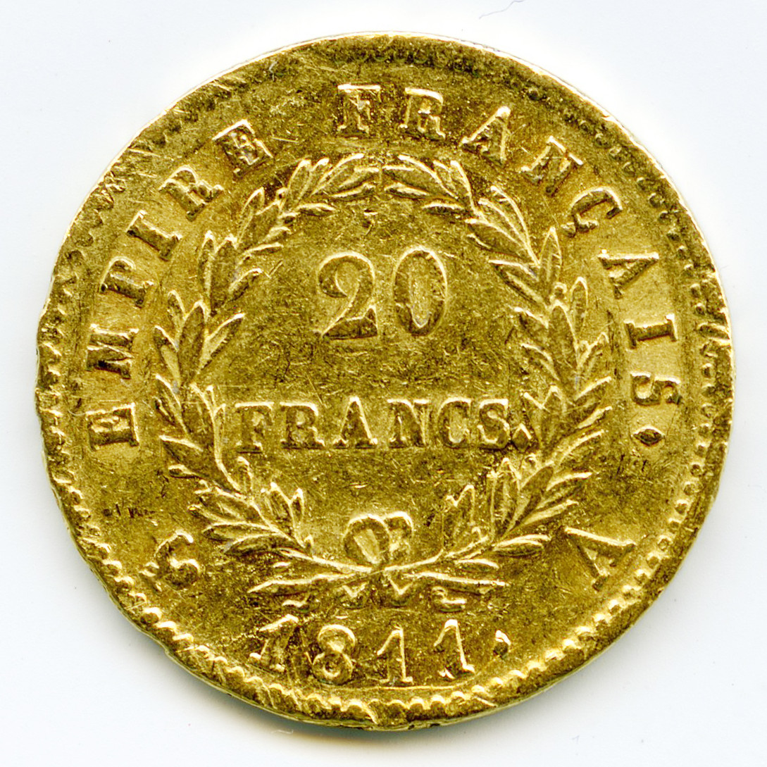 Napoléon Ier - 20 Francs - 1811 A revers Napoléon Ier - 20 Francs - 1811 A revers