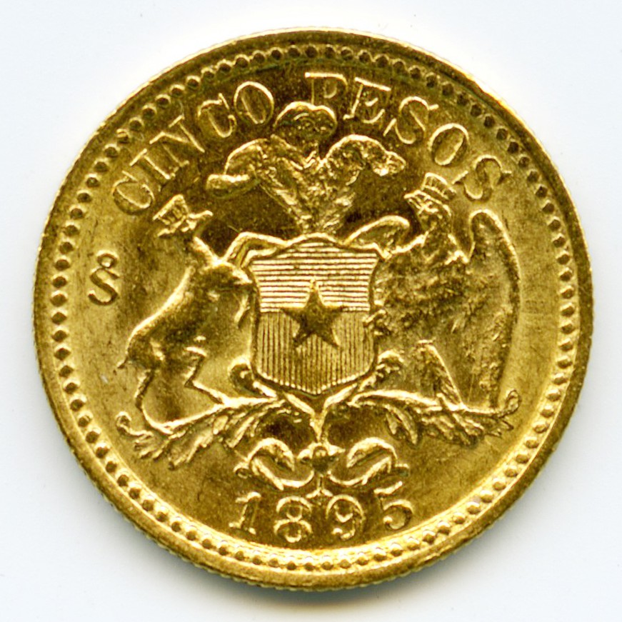 Chili - 5 Pesos - 1895 revers Chili - 5 Pesos - 1895 revers