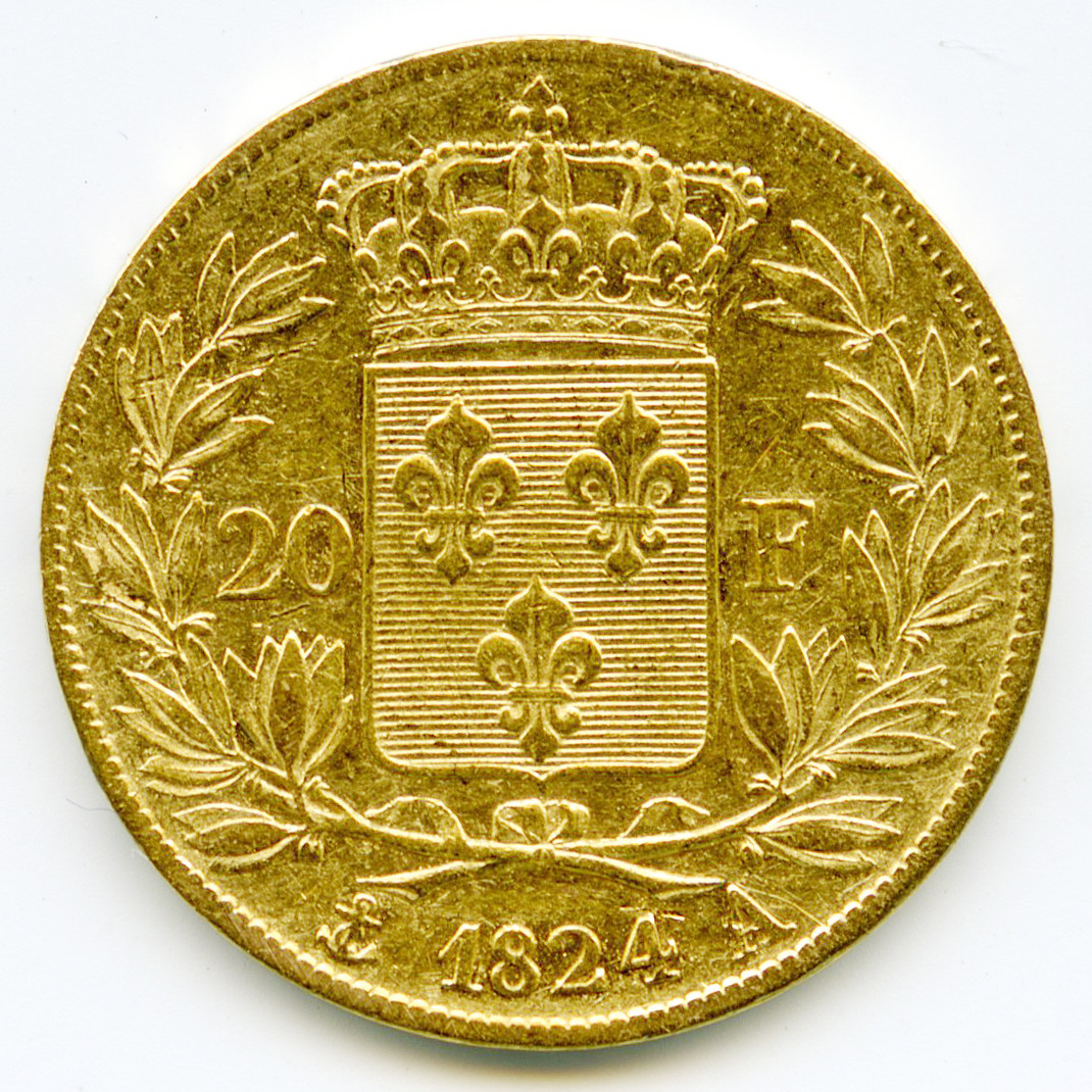 Louis XVIII - 20 Francs - 1824 A revers Louis XVIII - 20 Francs - 1824 A revers