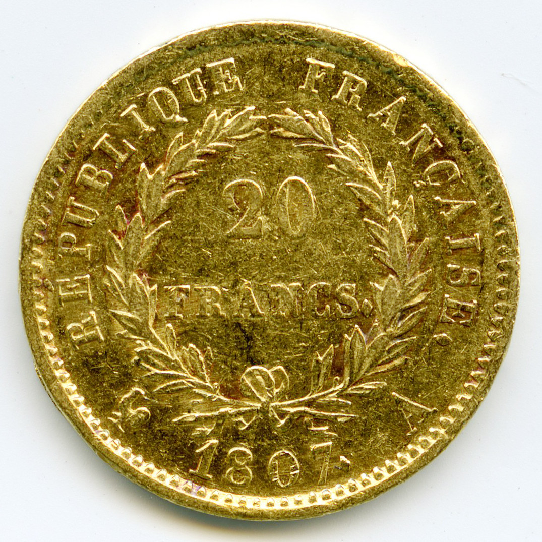 Napoléon Ier - 20 Francs - 1807 A revers Napoléon Ier - 20 Francs - 1807 A revers