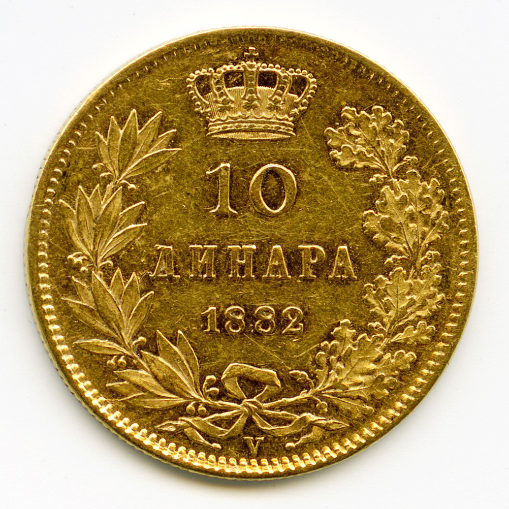 Serbie - 10 Dinars - 1882 V revers Serbie - 10 Dinars - 1882 V revers