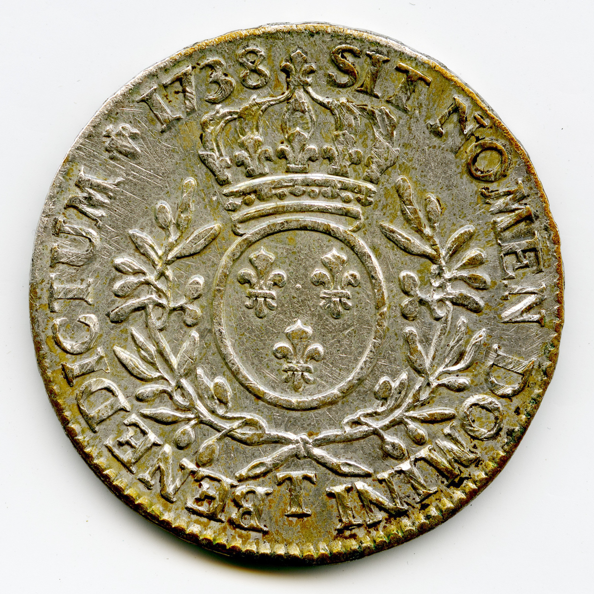 Louis XV - Écu aux branches d'olivier - 1738 T revers Louis XV - Écu aux branches d'olivier - 1738 T revers