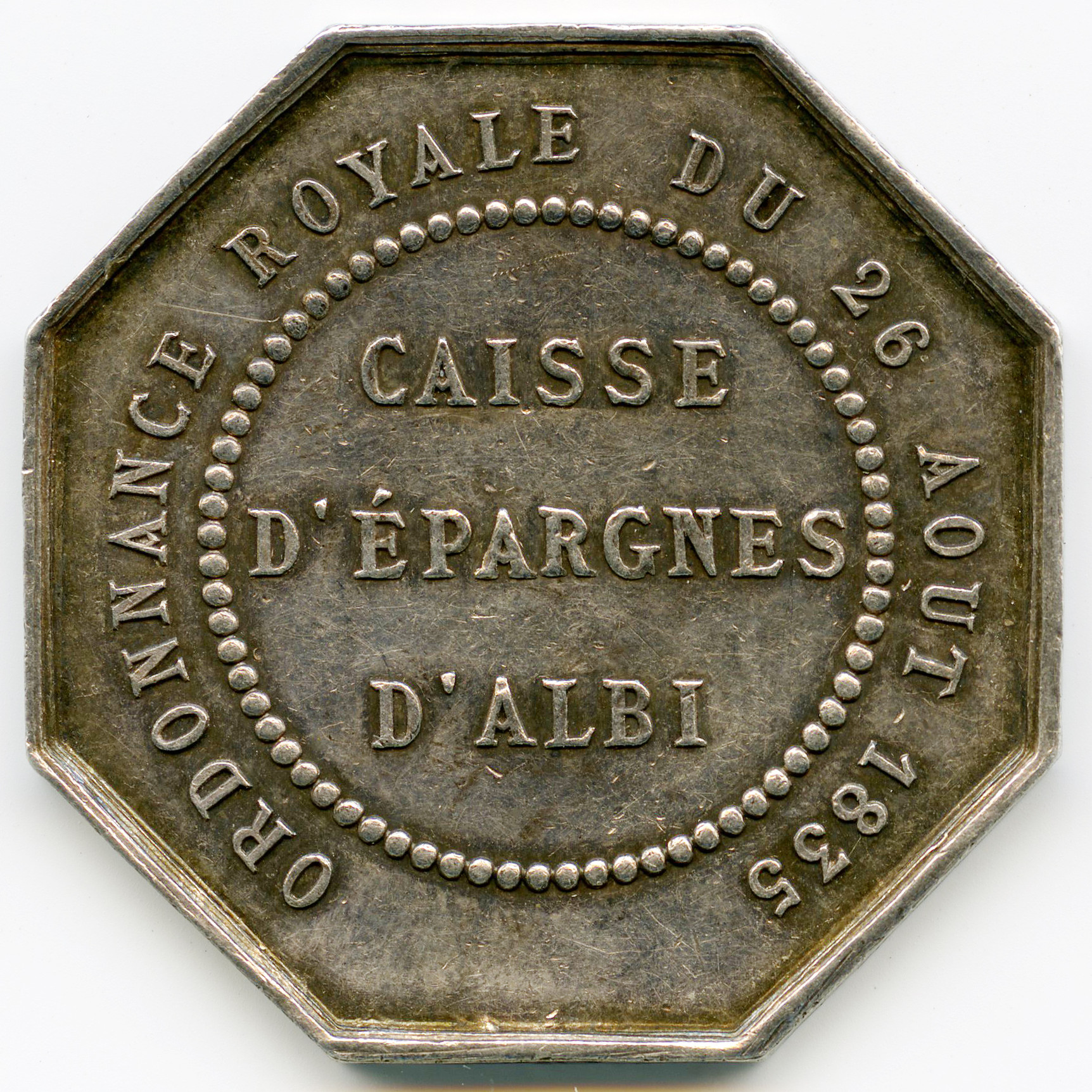 Jeton - Caisse d'Epargnes d'Albi - 1835 revers Jeton - Caisse d'Epargnes d'Albi - 1835 revers