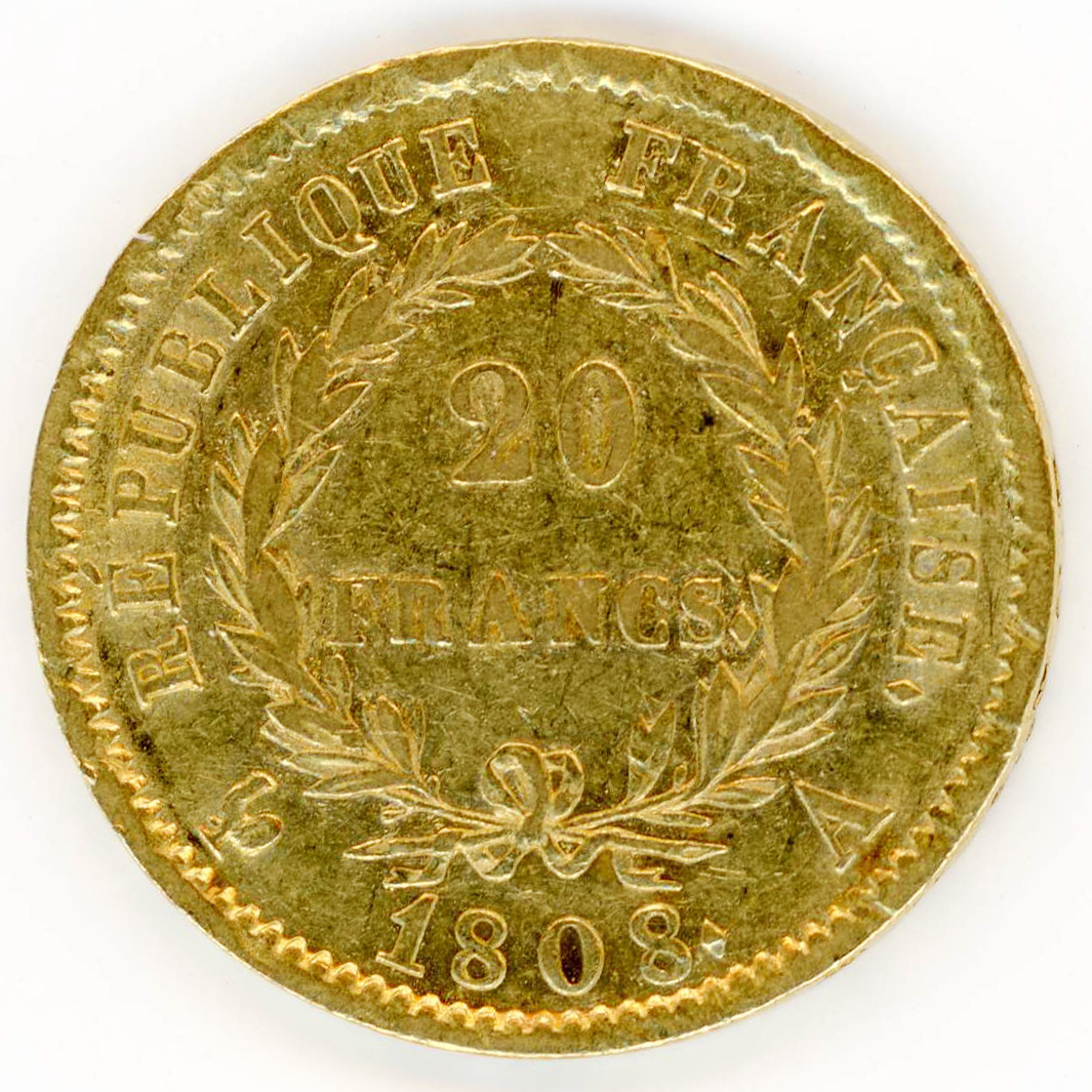 Napoléon Ier - 20 Francs - 1808 A revers Napoléon Ier - 20 Francs - 1808 A revers