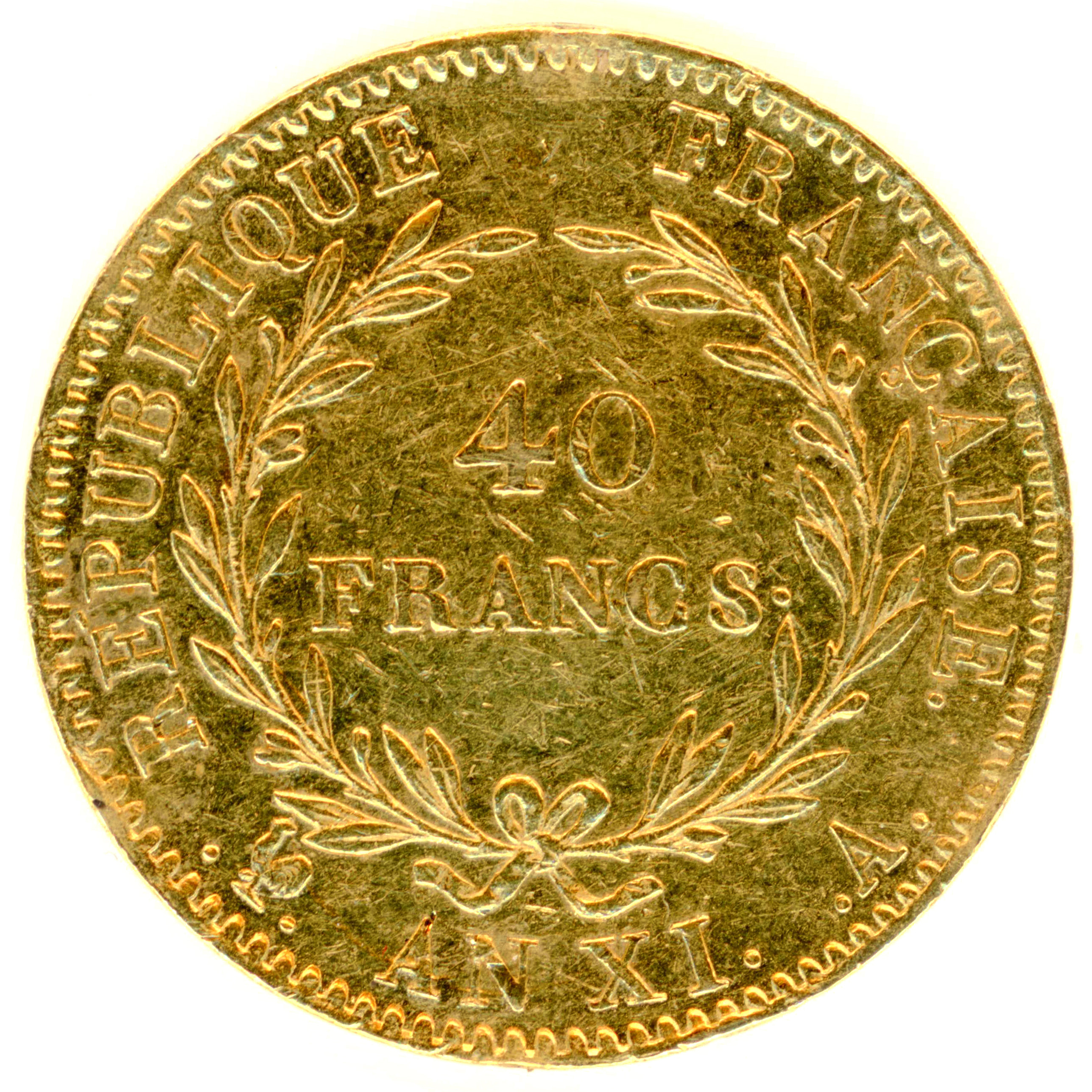 Bonaparte - 40 Francs - l'An XI A revers Bonaparte - 40 Francs - l'An XI A revers