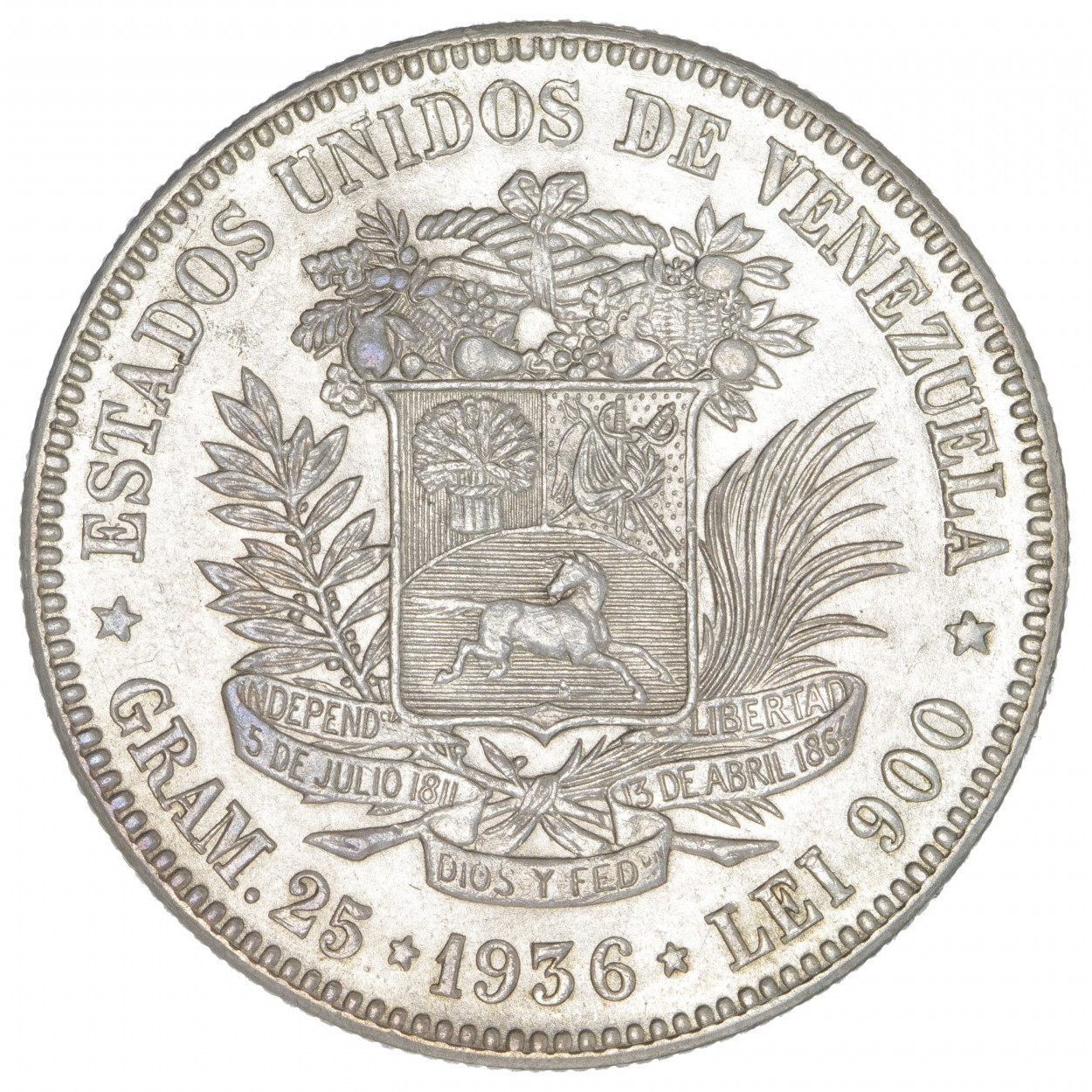 Venezuela - 5 Bolivares - 1936 - Philadelphie revers Venezuela - 5 Bolivares - 1936 - Philadelphie revers