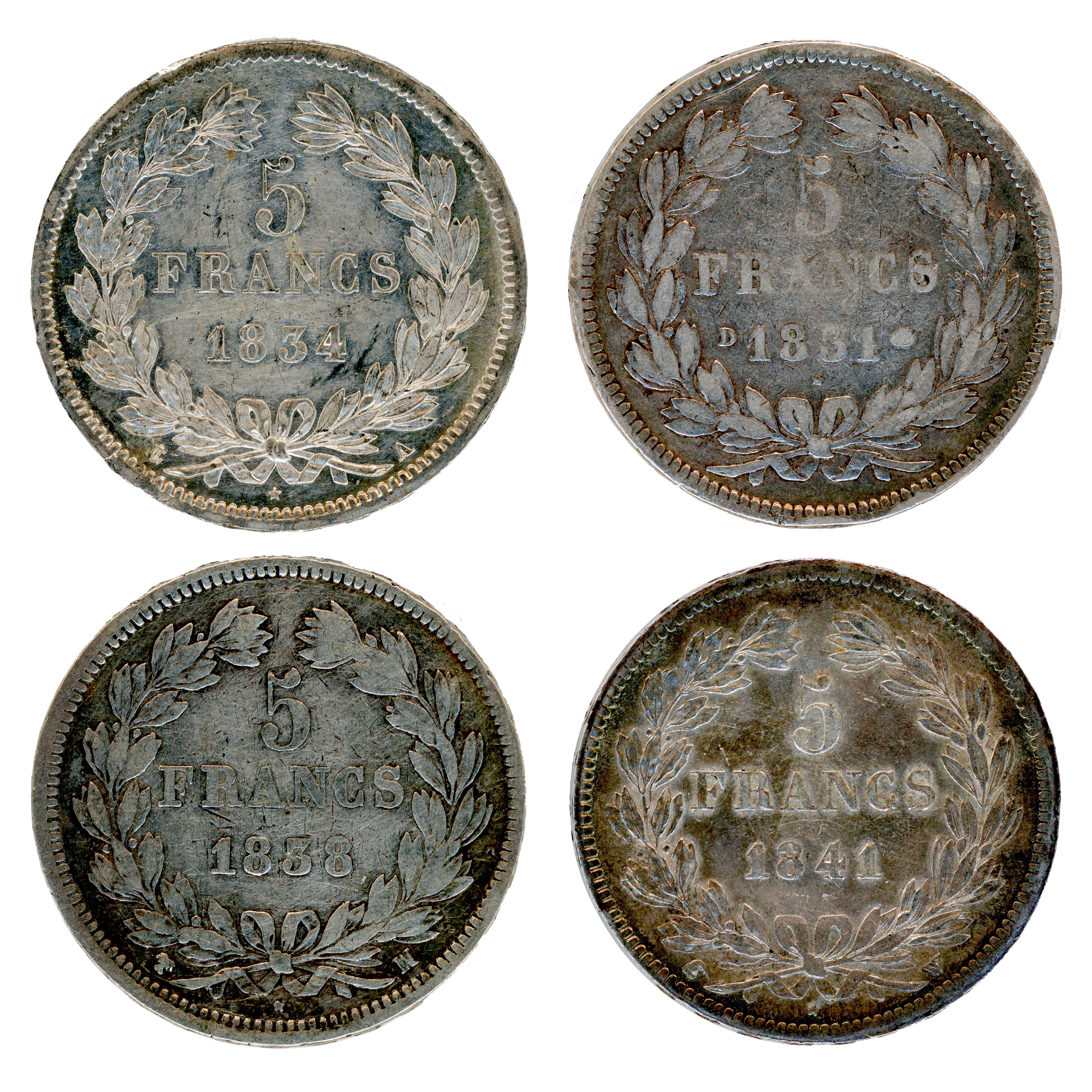 Louis Philippe - Lot de 4 Monnaies de 5 Francs revers