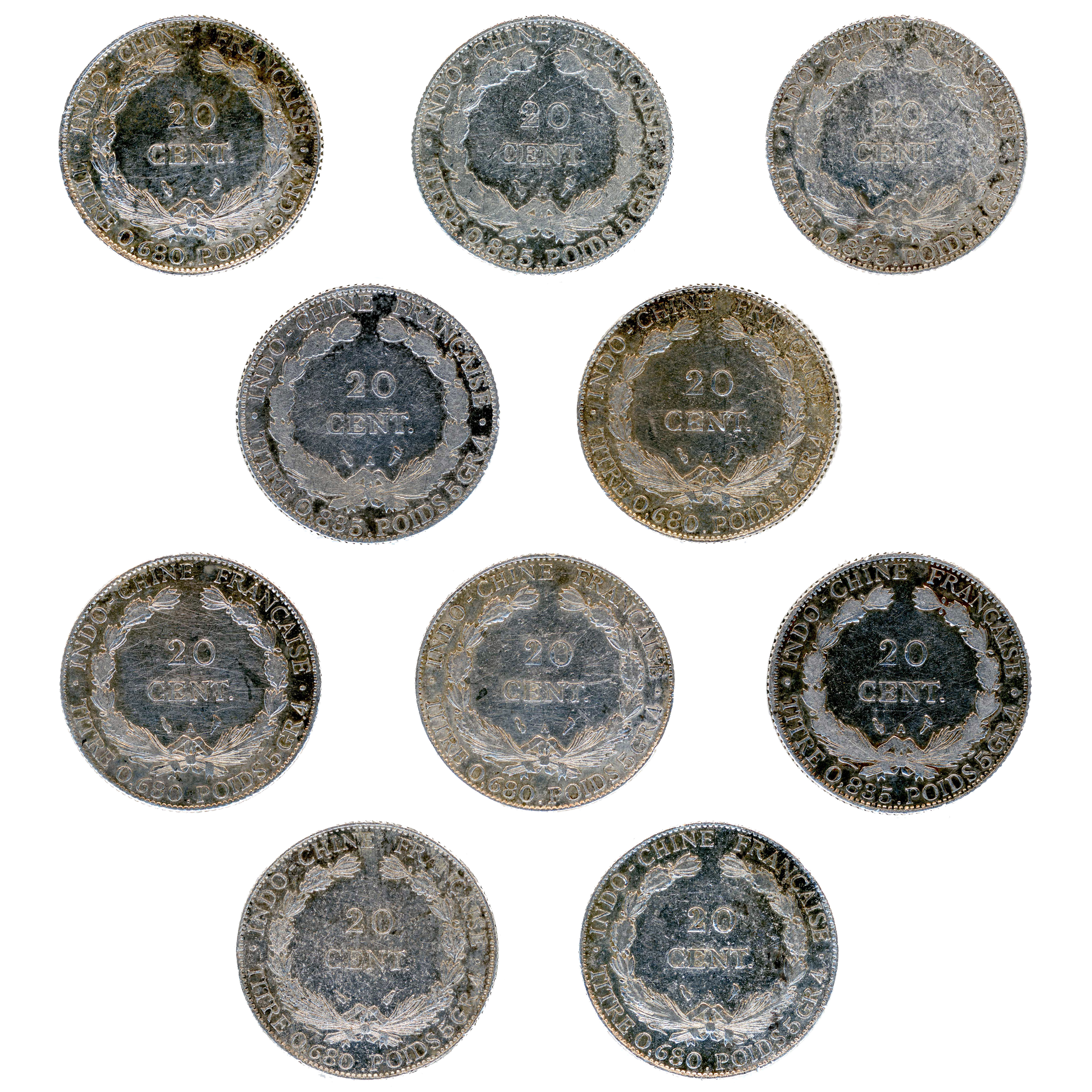 Indochine - Lot de 10 Monnaies en argent revers