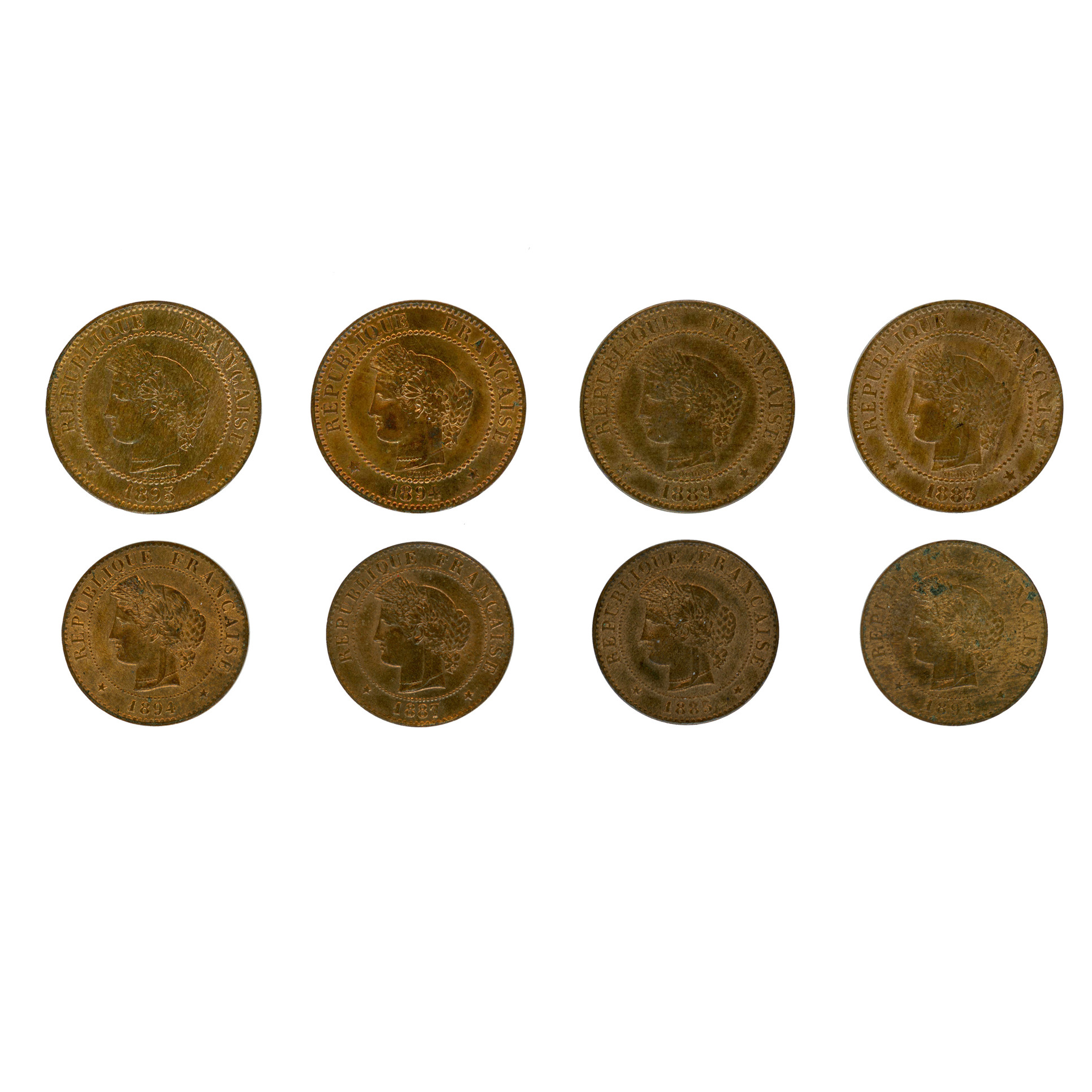IIIème République - Lot de 8 monnaies en bronze avers IIIème République - Lot de 8 monnaies en bronze avers