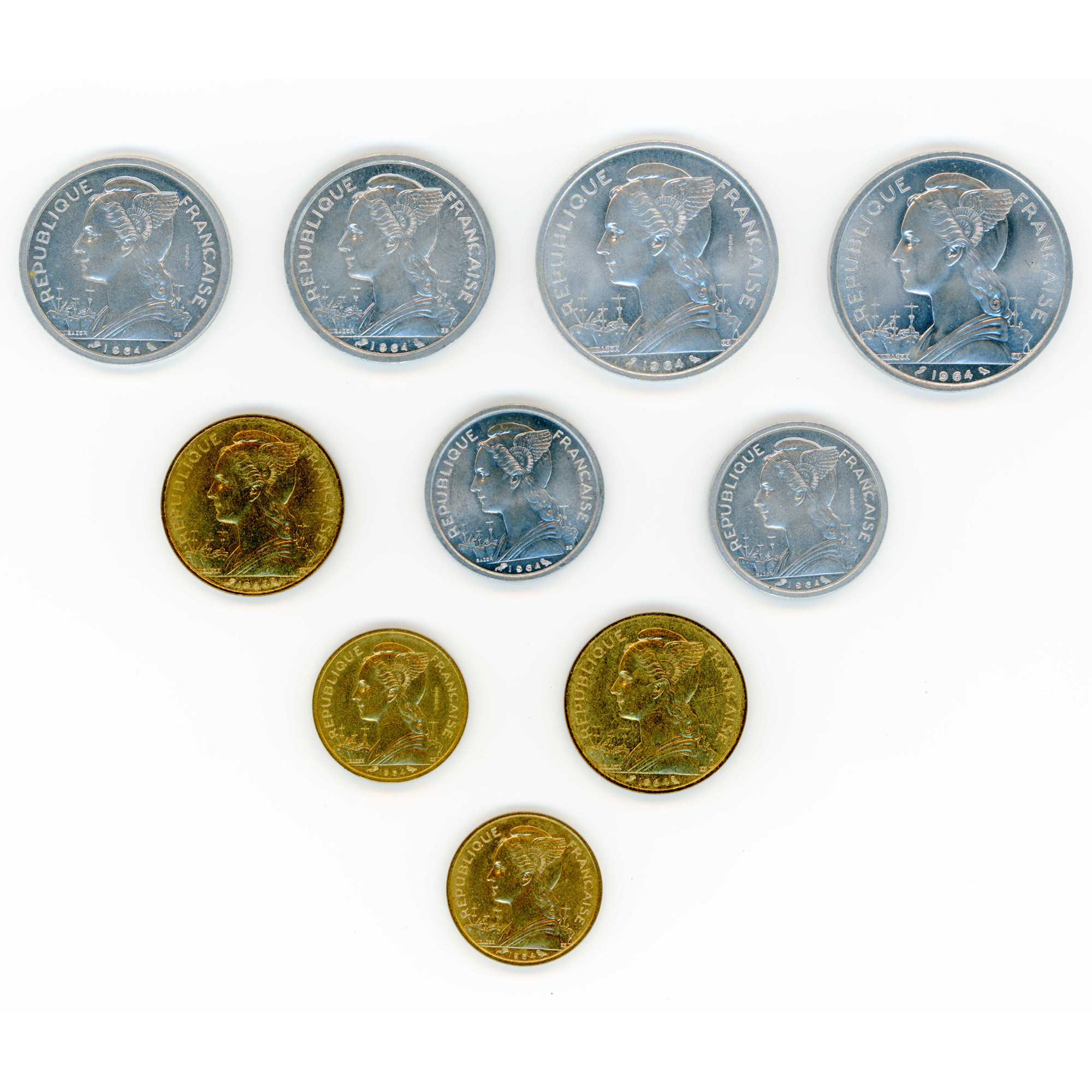 Comores - Lot de 10 Monnaies Lucien Bazor - 1964 avers Comores - Lot de 10 Monnaies Lucien Bazor - 1964 avers