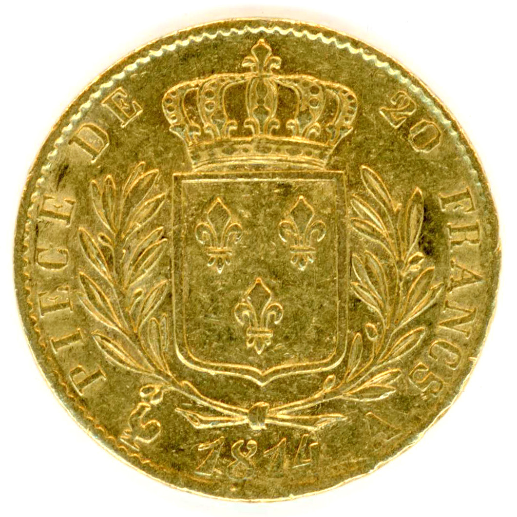 Louis XVIII - 20 Francs - 1814 A revers Louis XVIII - 20 Francs - 1814 A revers