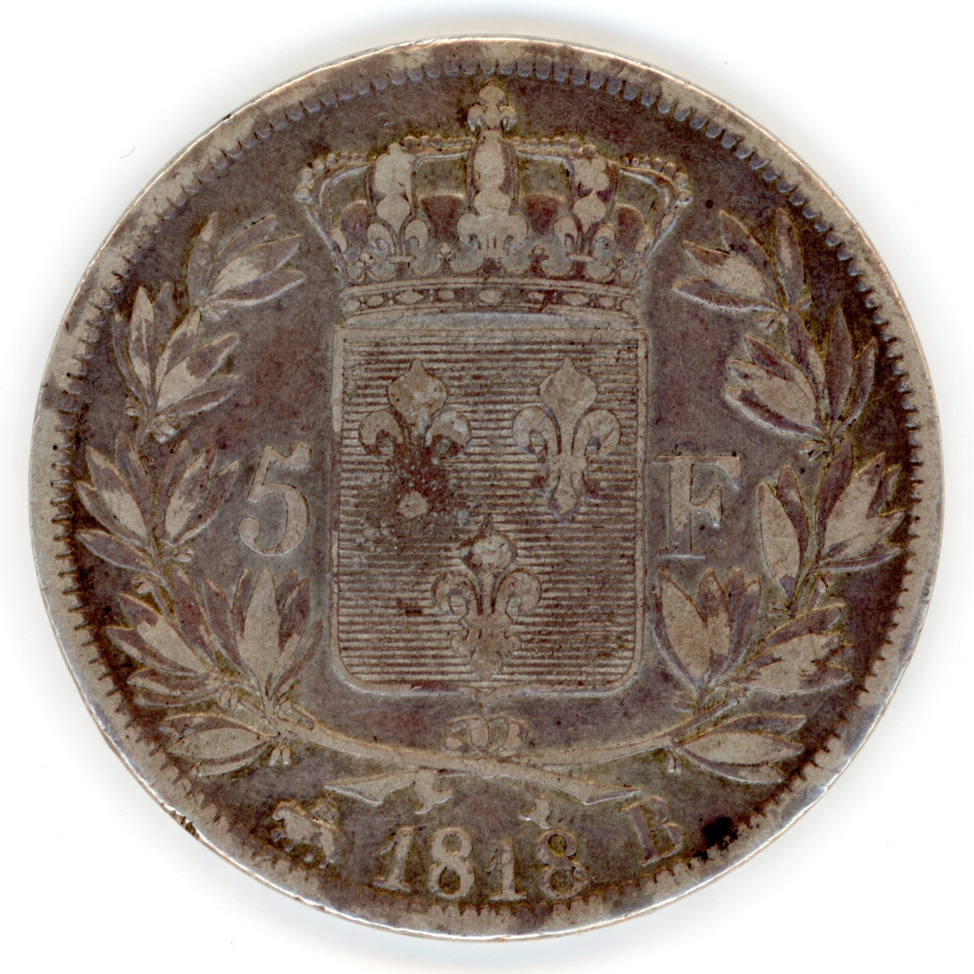 Louis XVIII - 5 Francs au buste nu - 1818 B revers