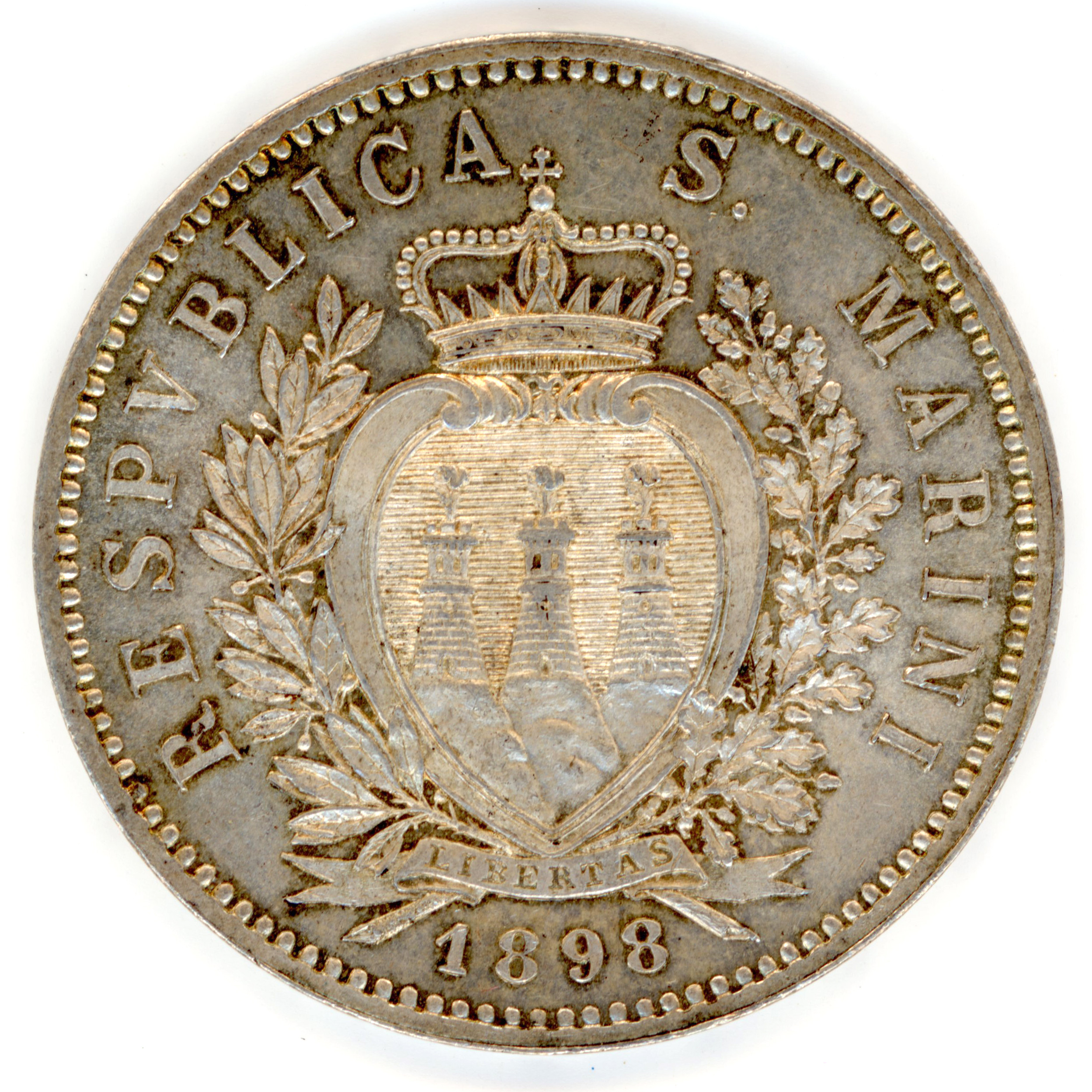 Saint-Marin - 5 Lire - 1898 - Rome avers Saint-Marin - 5 Lire - 1898 - Rome avers