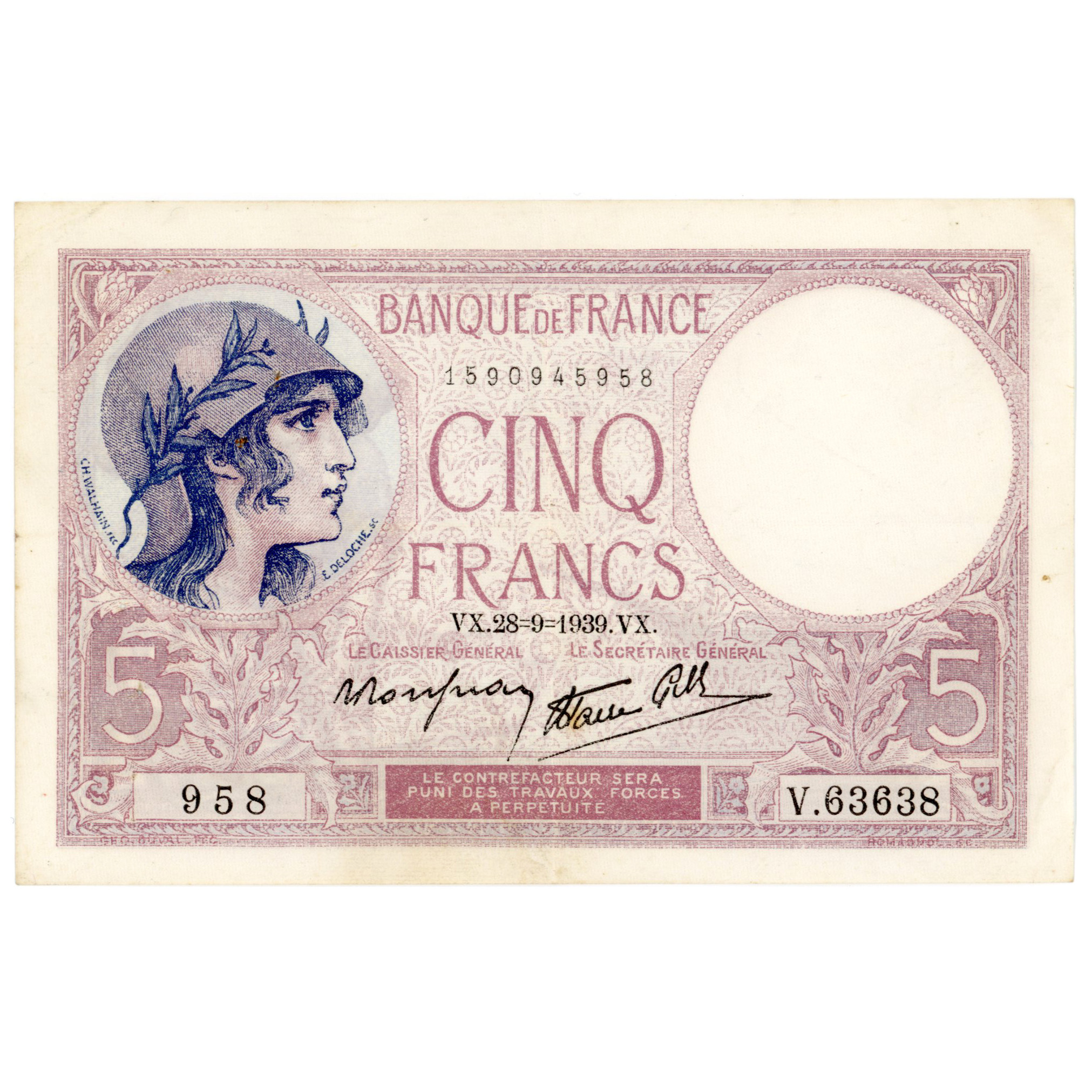 France - 5 Francs Femme Casquée - 1939 avers France - 5 Francs Femme Casquée - 1939 avers