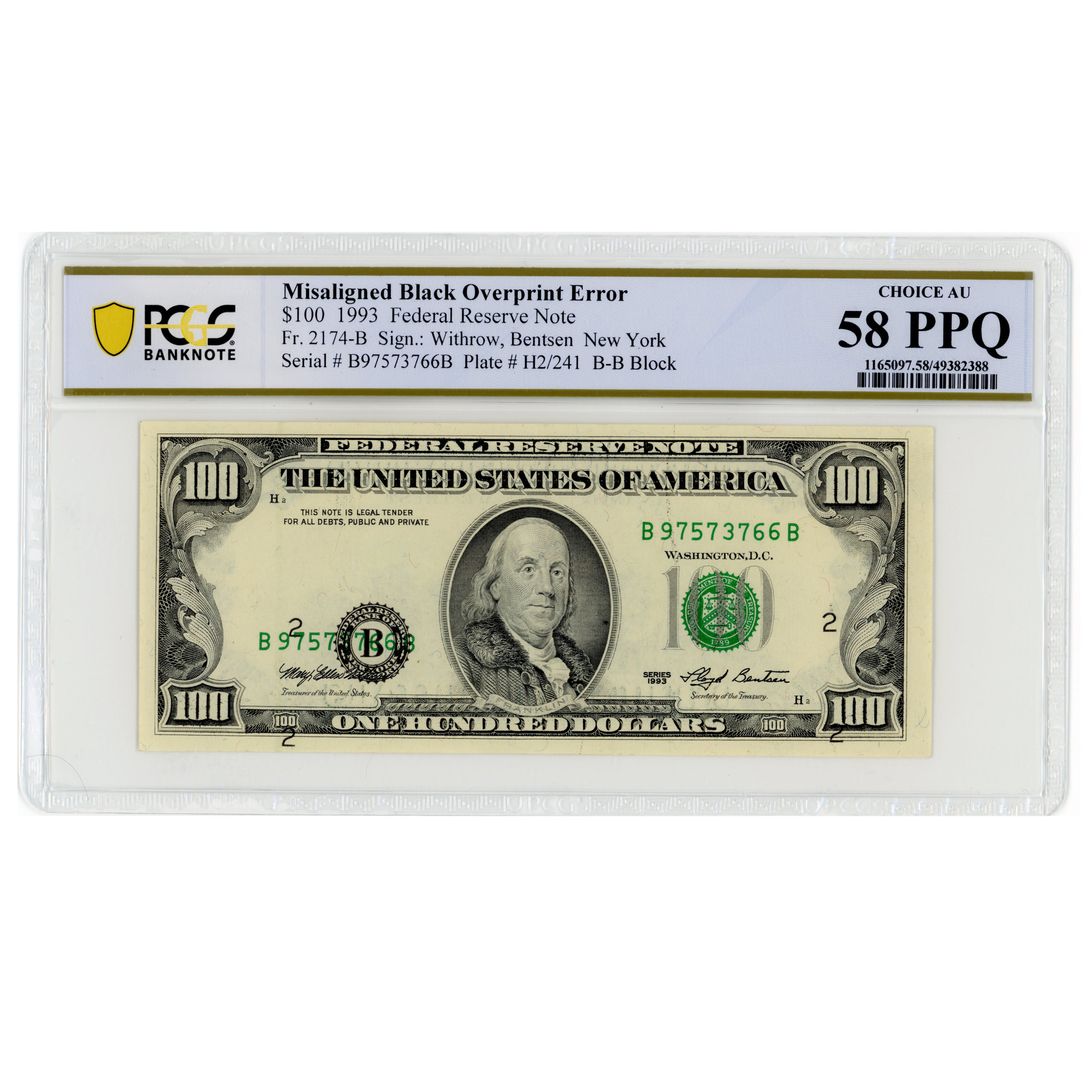 USA - 100 Dollars fauté - 1993 avers USA - 100 Dollars fauté - 1993 avers
