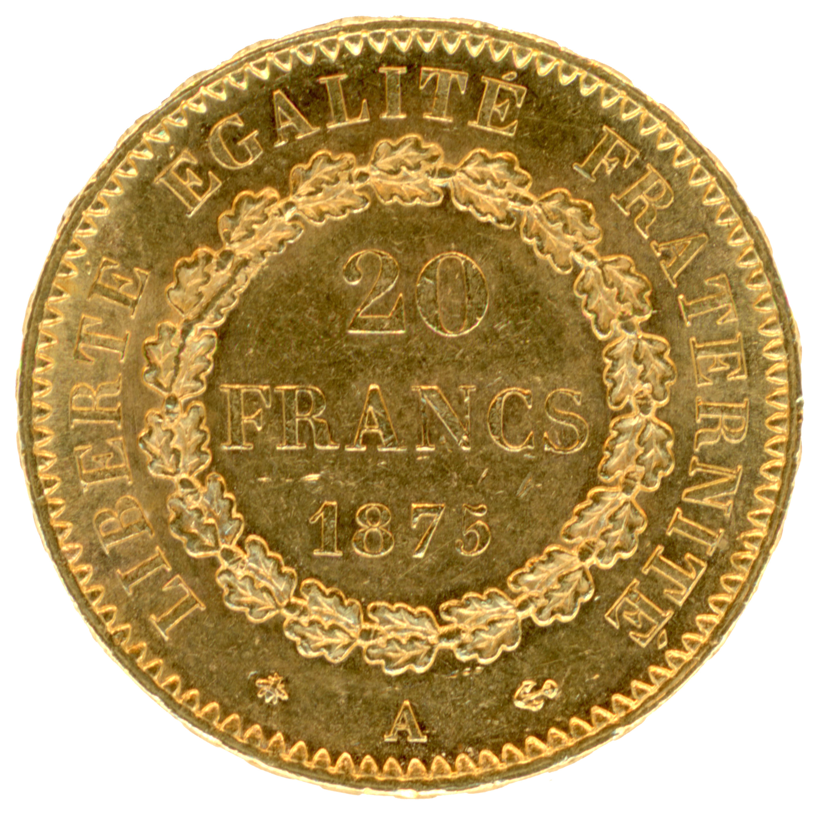 20 Francs - Génie - 1875 Paris revers 20 Francs - Génie - 1875 Paris revers