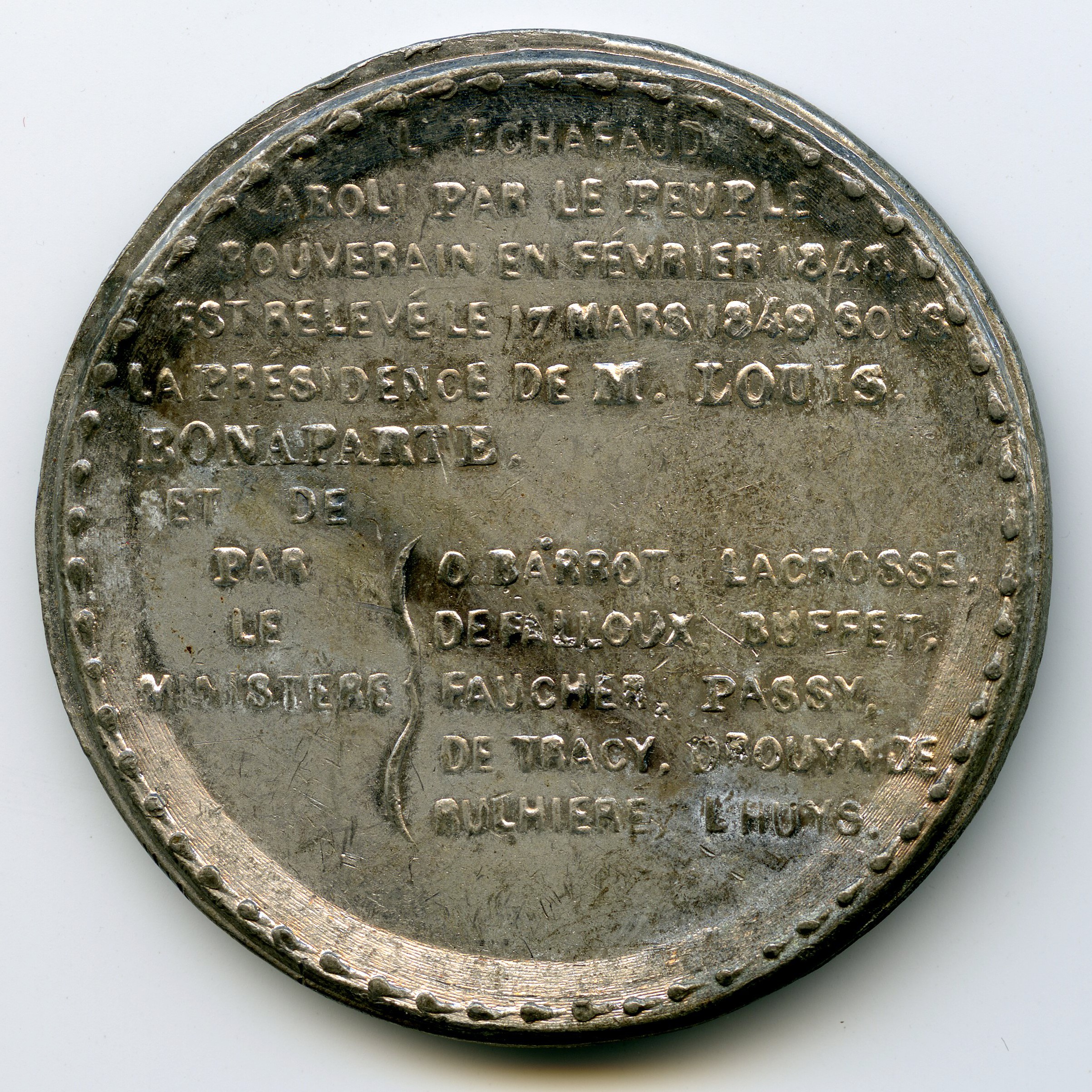 Guillotine - Médaille en étain - 1849 revers