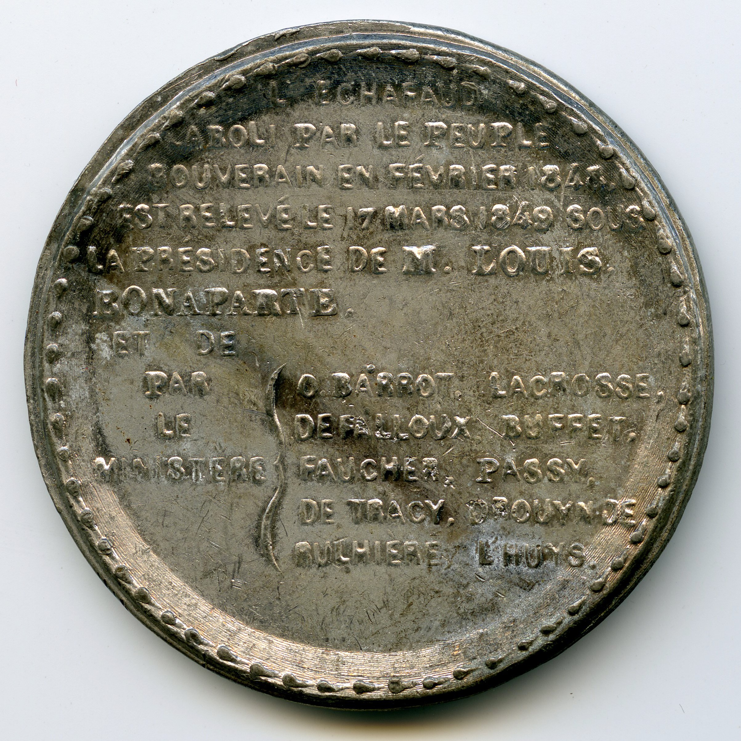 Guillotine - Médaille en étain - 1849 revers Guillotine - Médaille en étain - 1849 revers
