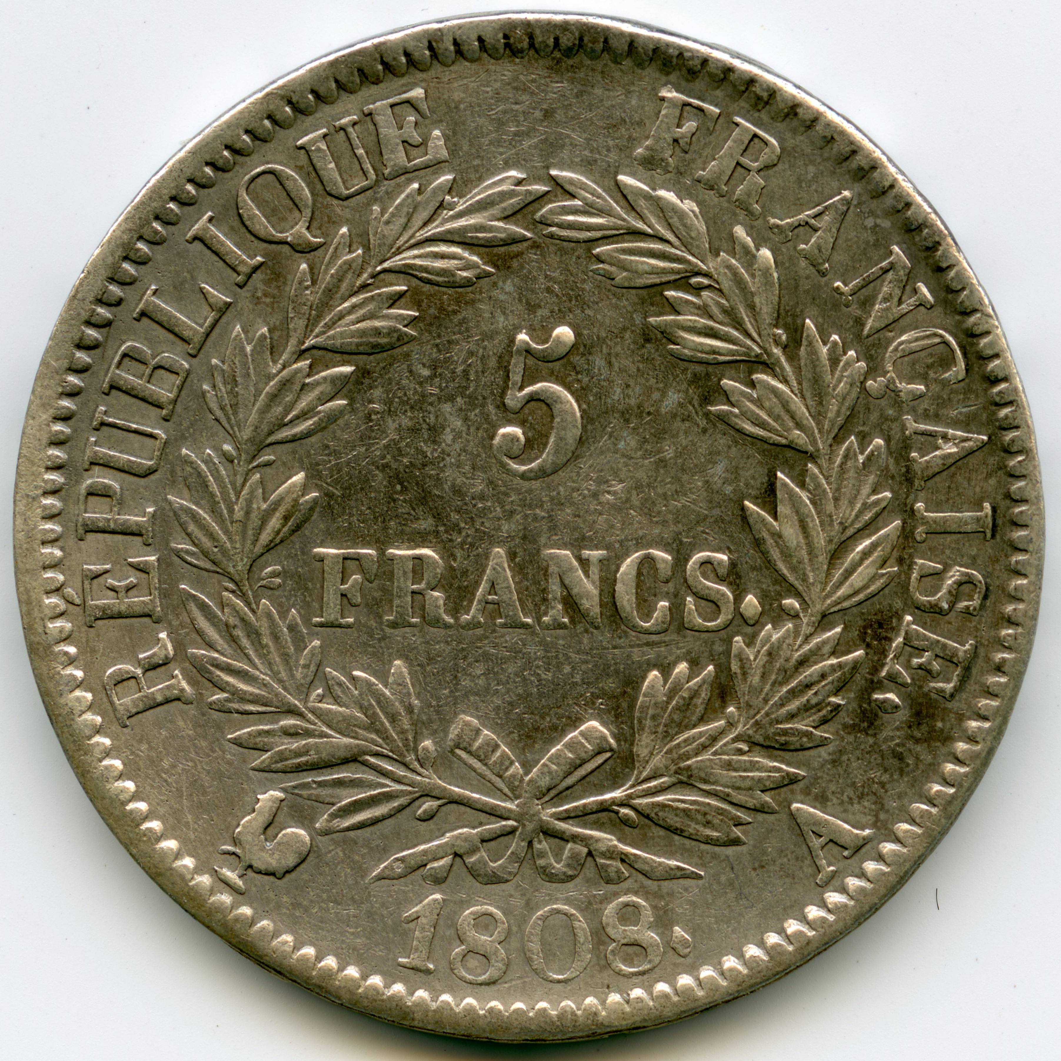 Napoléon Ier - 5 Francs - 1808 - Paris revers Napoléon Ier - 5 Francs - 1808 - Paris revers