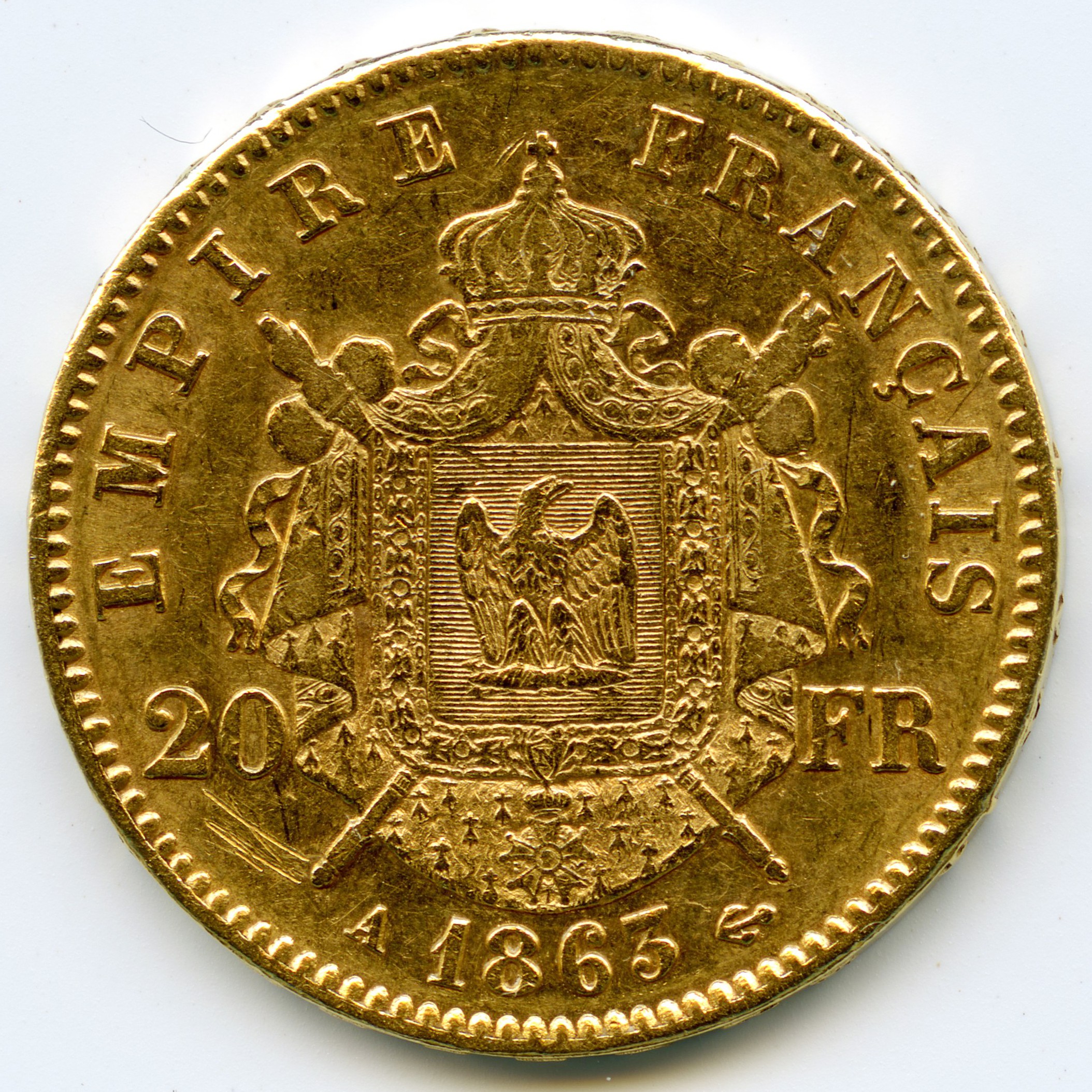 Napoléon III - 20 Francs - 1863 A revers Napoléon III - 20 Francs - 1863 A revers
