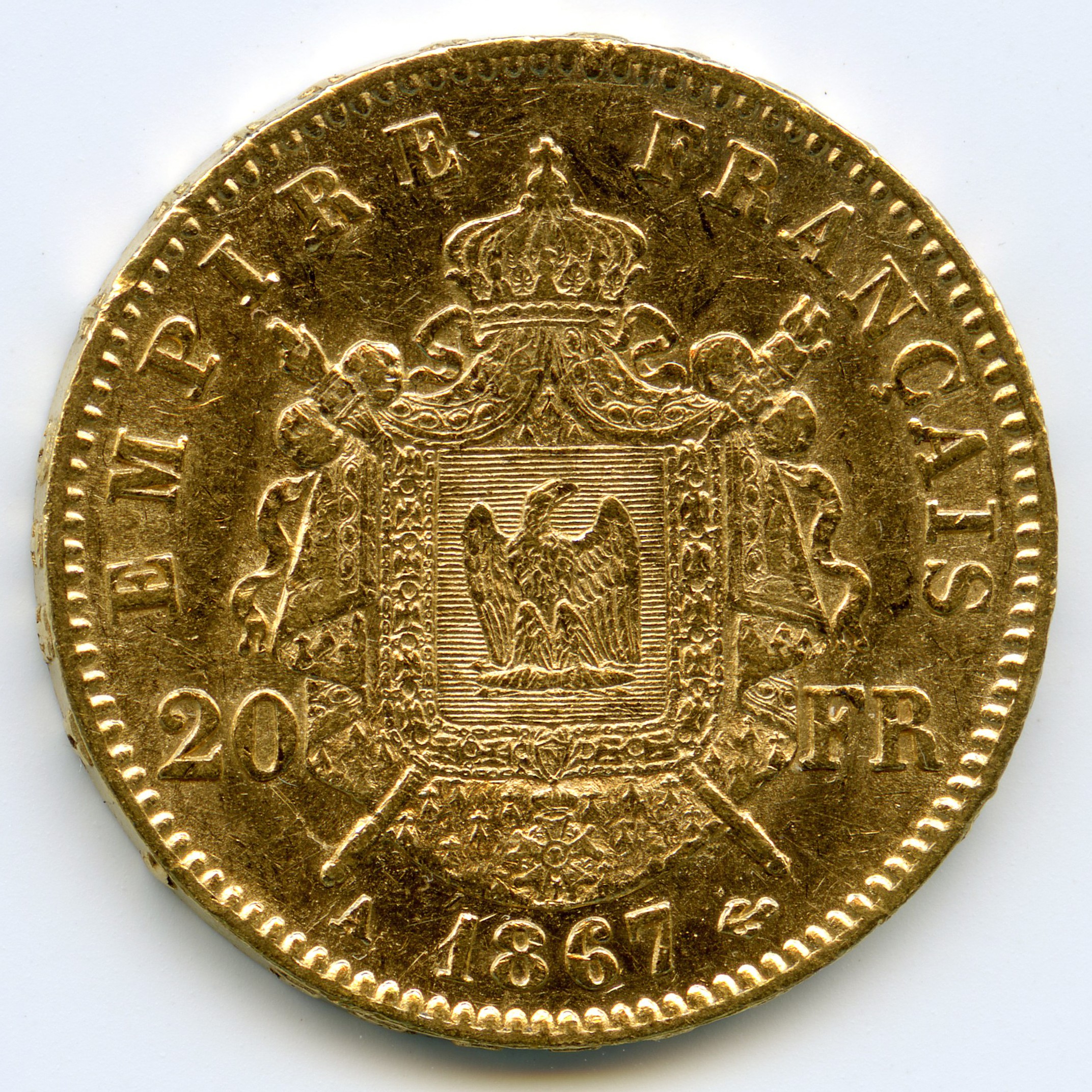 Napoléon III - 20 Francs - 1867 A revers Napoléon III - 20 Francs - 1867 A revers