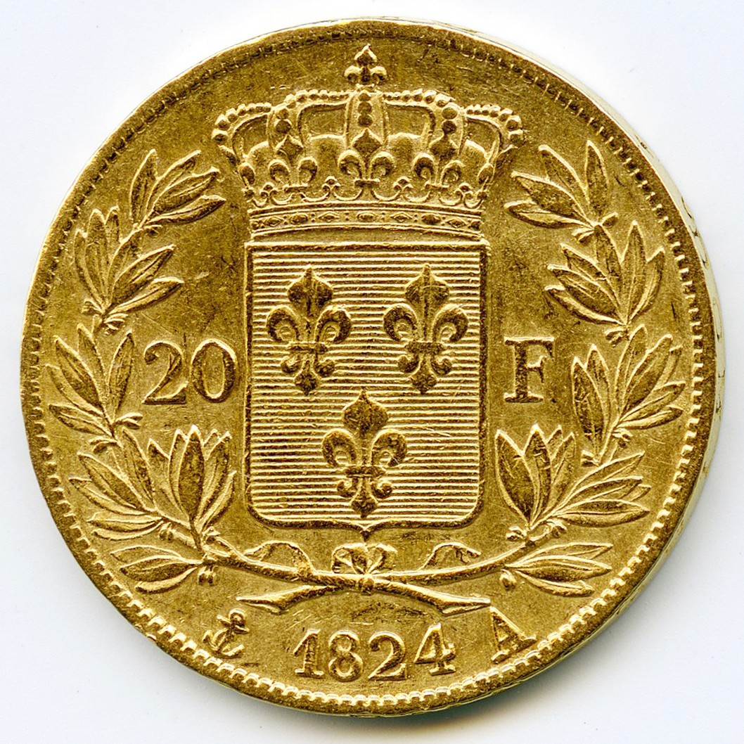 Louis XVIII - 20 Francs - 1824 A revers Louis XVIII - 20 Francs - 1824 A revers