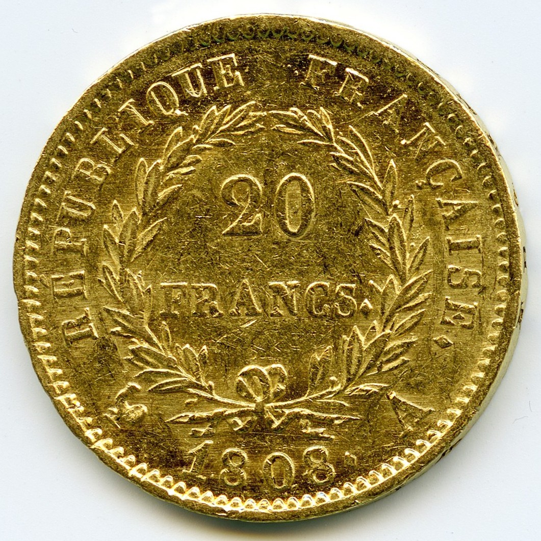 Napoléon Ier - 20 Francs - 1808 A revers Napoléon Ier - 20 Francs - 1808 A revers