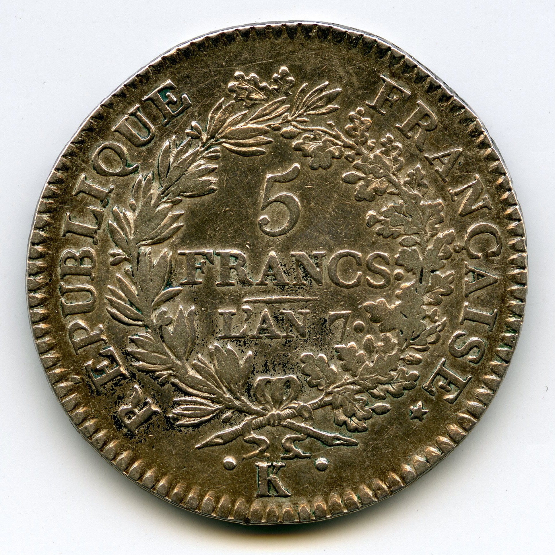 Le Directoire - 5 Francs - An 7 - K revers Le Directoire - 5 Francs - An 7 - K revers