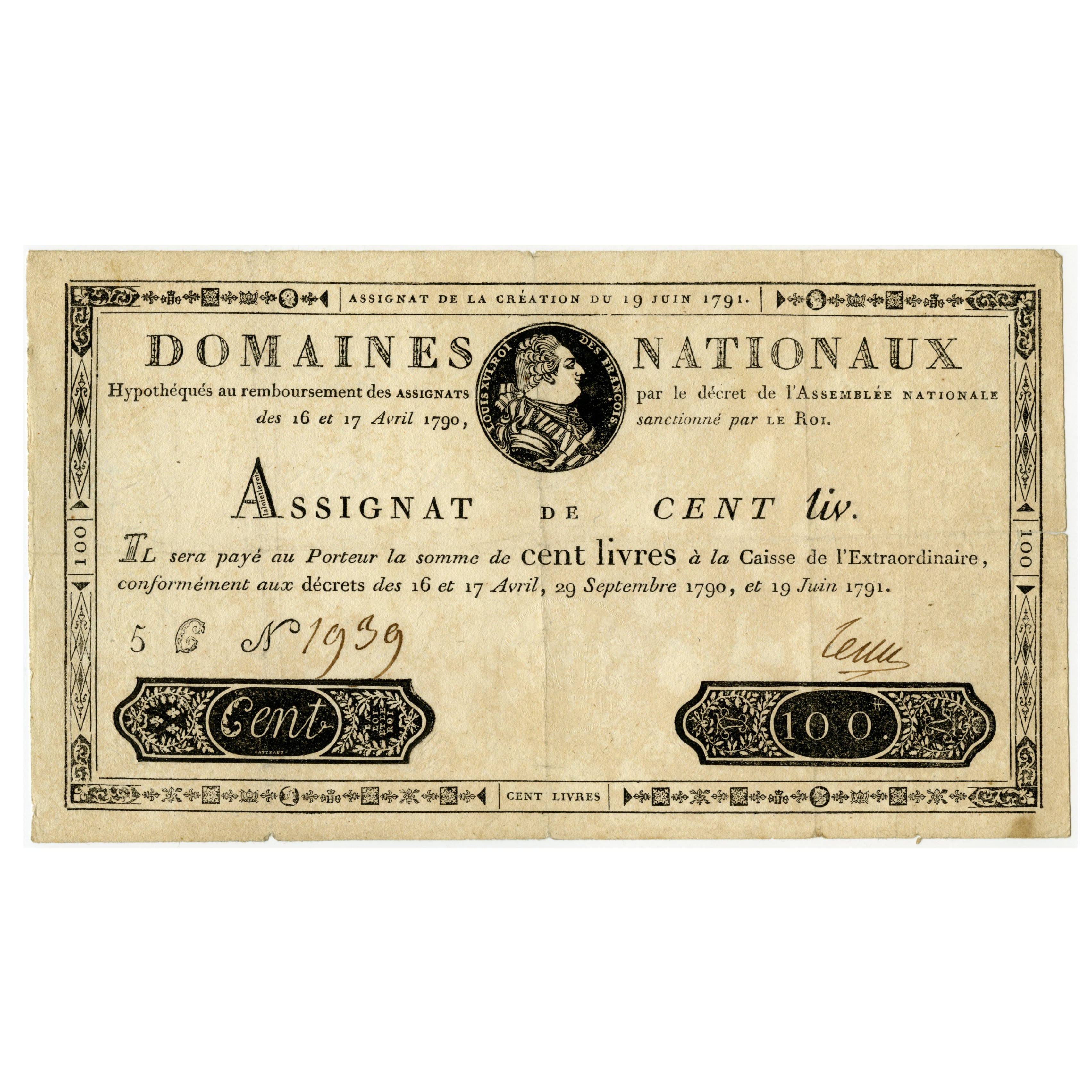 France - Assignat de 100 Livres - 5 C 1939 avers