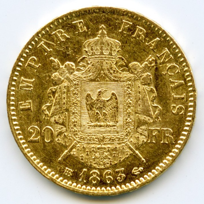 Napoléon III - 20 Francs - 1863 BB revers Napoléon III - 20 Francs - 1863 BB revers