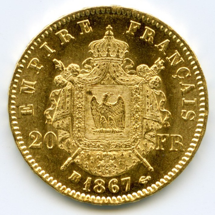 Napoléon III - 20 Francs - 1867 BB revers Napoléon III - 20 Francs - 1867 BB revers