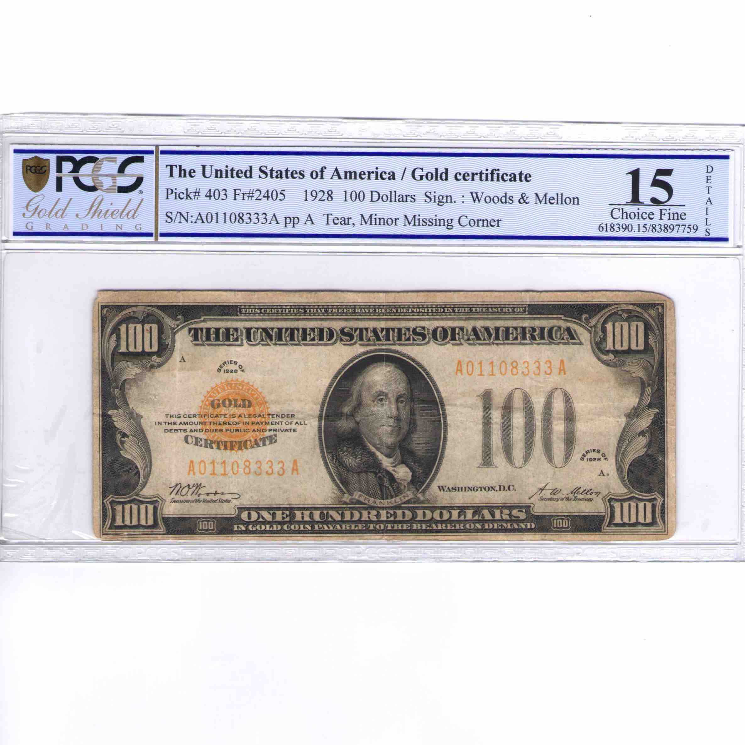 USA - 100 DOLLARS Gold certificate avers USA - 100 DOLLARS Gold certificate avers
