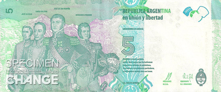5 pesos argentins (ARS) verso
