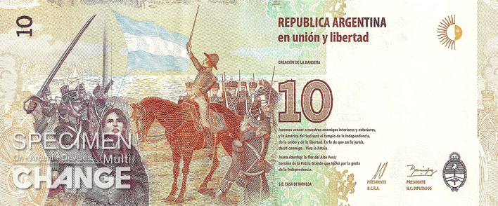 10 pesos argentins (ARS) verso