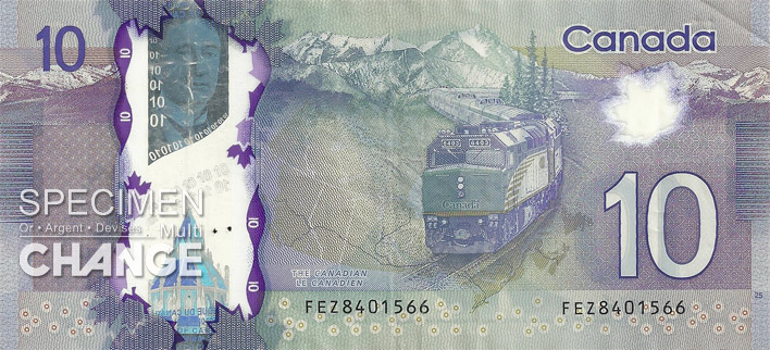 Nouveau billet de 10 dollars canadiens (CAD) verso