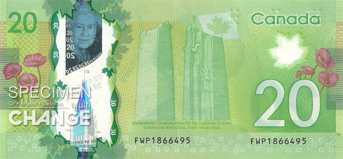 Billet de 20 dollars canadiens (CAD) verso
