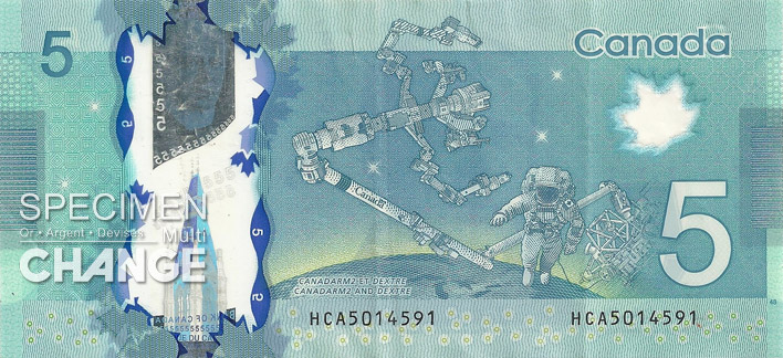 Nouveau billet de 5 dollars canadiens (CAD) verso