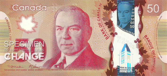 Nouveau billet de 50 dollars canadiens (CAD) recto